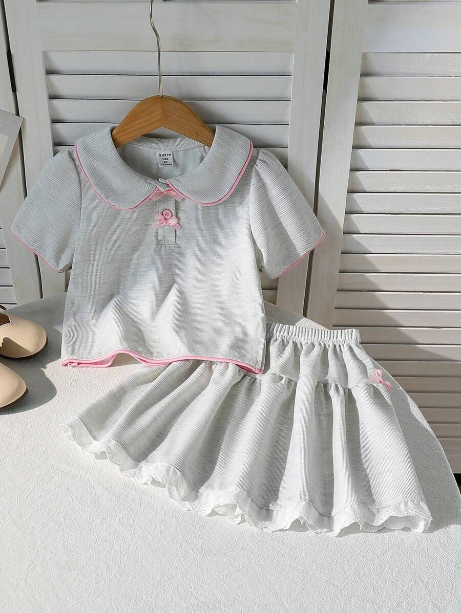 Young Girl Fashion Stylish Set Polo Collar Bowknot Short Sleeve Top + Ruffle Skirt Grey