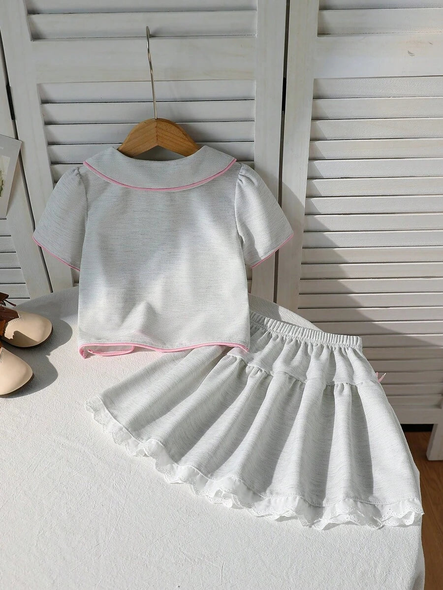 Young Girl Fashion Stylish Set Polo Collar Bowknot Short Sleeve Top + Ruffle Skirt