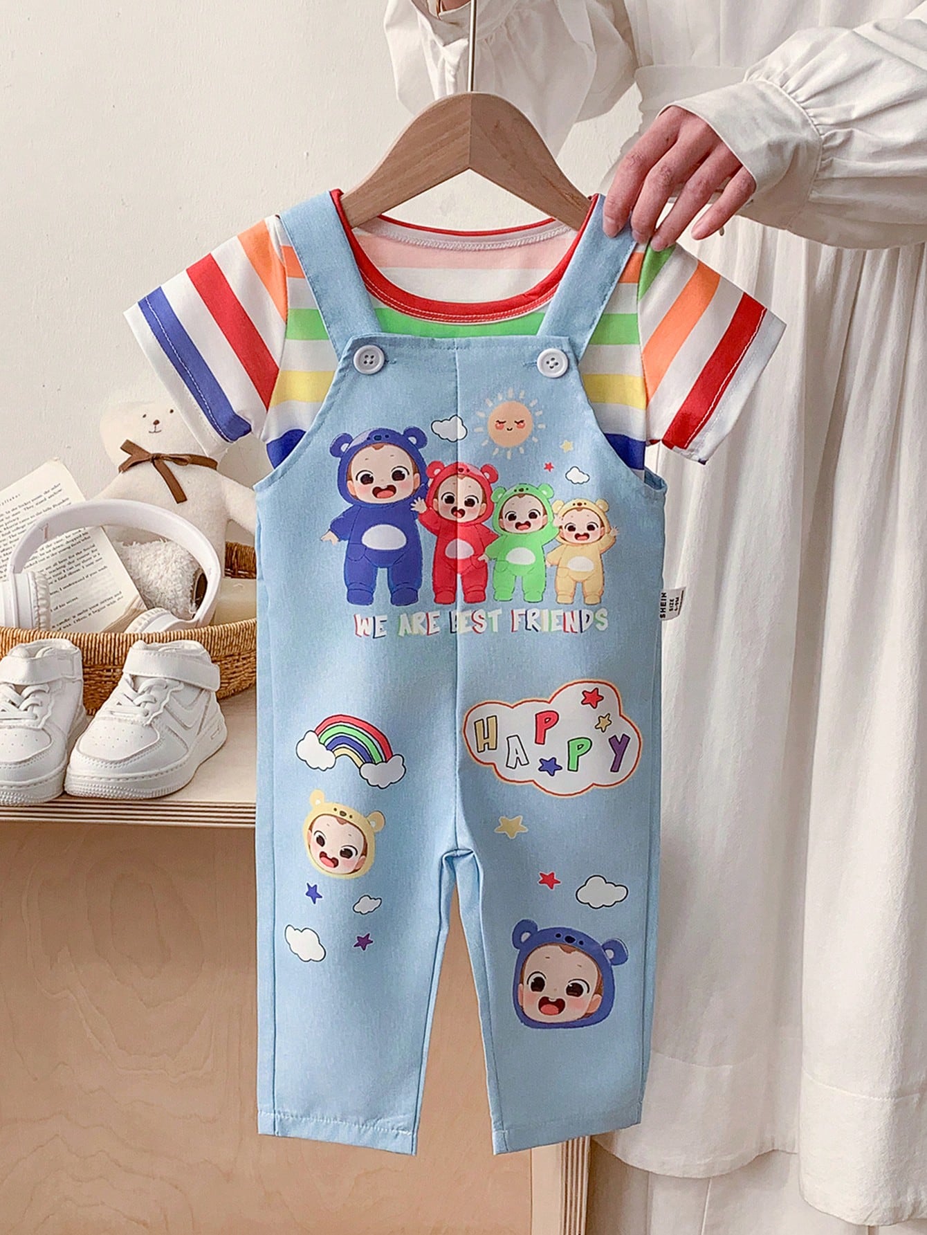 Baby Boy Striped Round Neck Short Sleeve T-Shirt And Cartoon Print Bib Pants