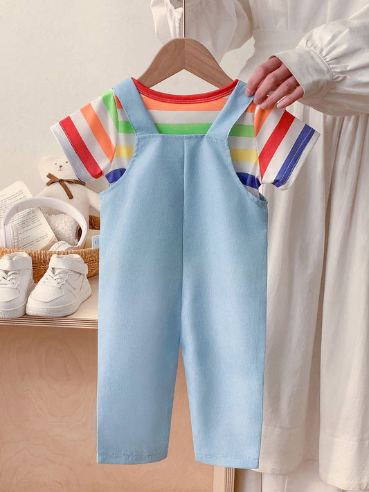 Baby Boy Striped Round Neck Short Sleeve T-Shirt And Cartoon Print Bib Pants