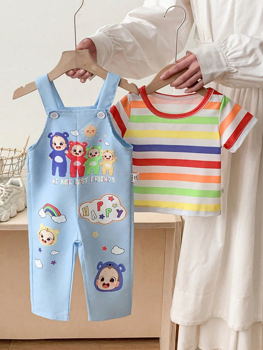 Baby Boy Striped Round Neck Short Sleeve T-Shirt And Cartoon Print Bib Pants Multicolor