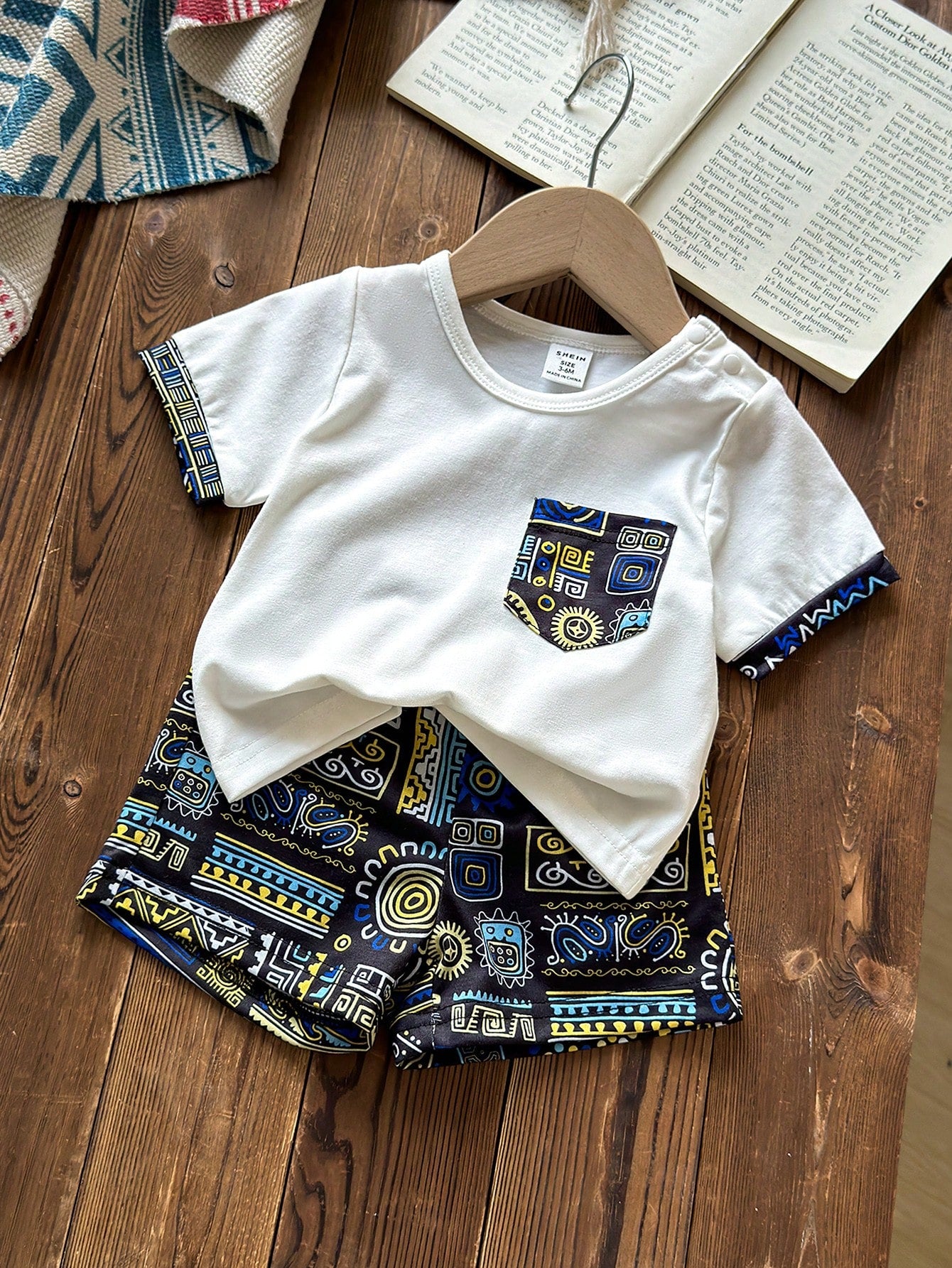 Baby Boys' Soft Comfortable Round Neck White Short Sleeve Top With Pocket & Geometric Print Shorts