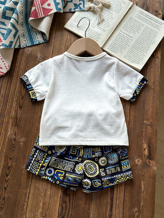 Baby Boys' Soft Comfortable Round Neck White Short Sleeve Top With Pocket & Geometric Print Shorts
