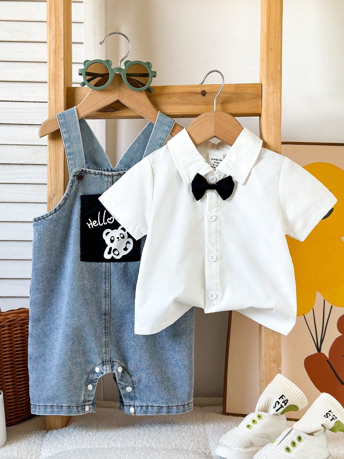 Baby Boy Casual Short Sleeve Gentleman Style Shirt Top And Cute Hello Panda Print Pocket Denim Overalls Pants Blue & White