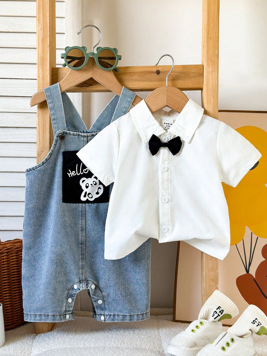 Baby Boy Casual Short Sleeve Gentleman Style Shirt Top And Cute Hello Panda Print Pocket Denim Overalls Pants Blue & White