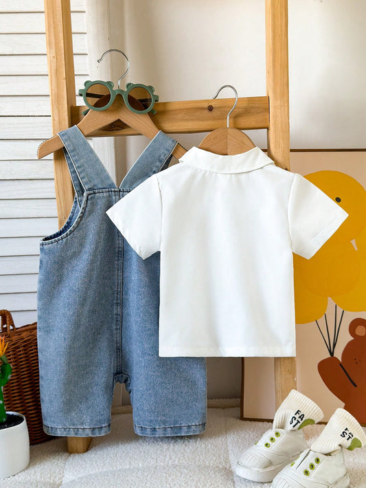 Baby Boy Casual Short Sleeve Gentleman Style Shirt Top And Cute Hello Panda Print Pocket Denim Overalls Pants