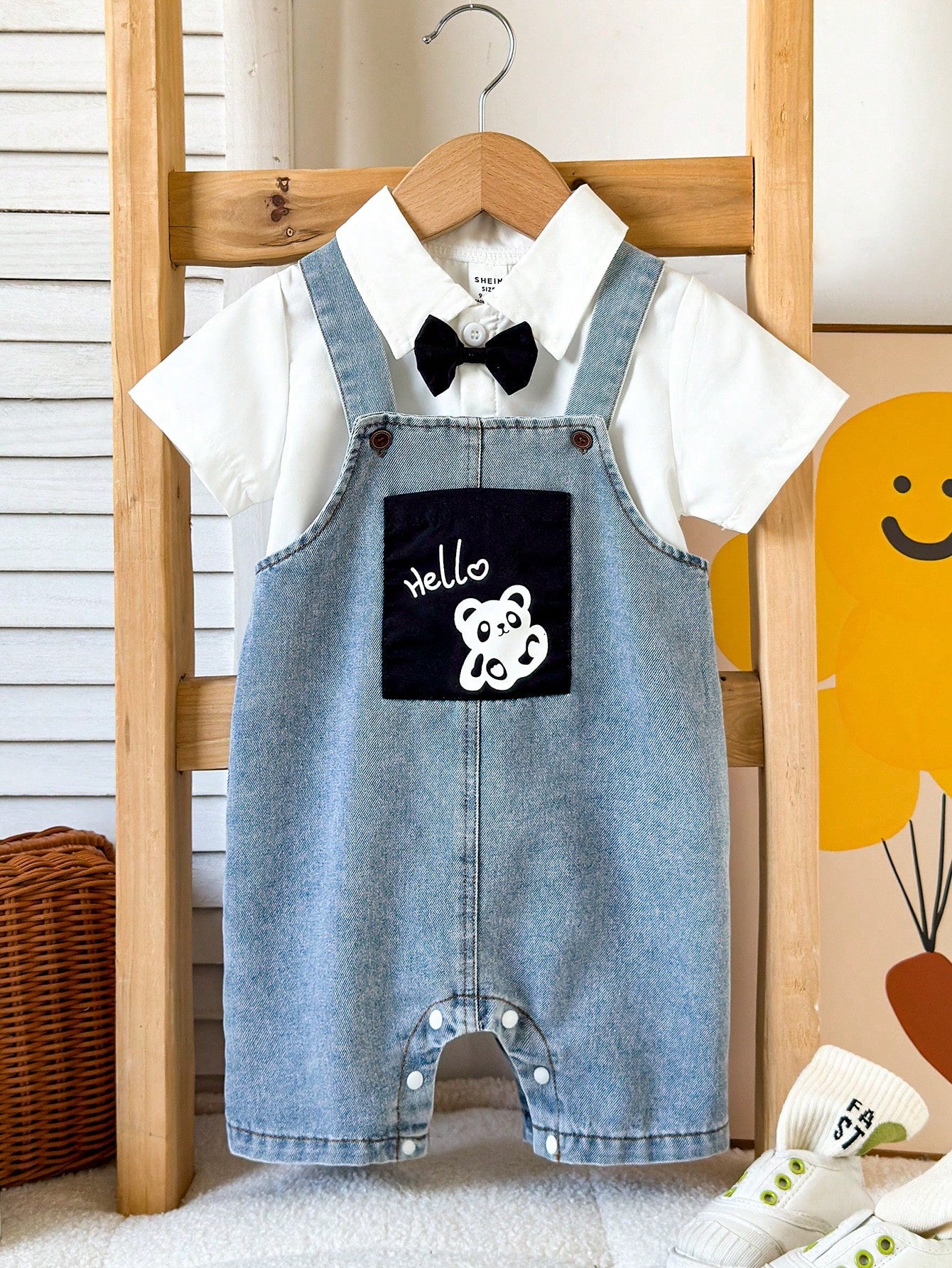 Baby Boy Casual Short Sleeve Gentleman Style Shirt Top And Cute Hello Panda Print Pocket Denim Overalls Pants