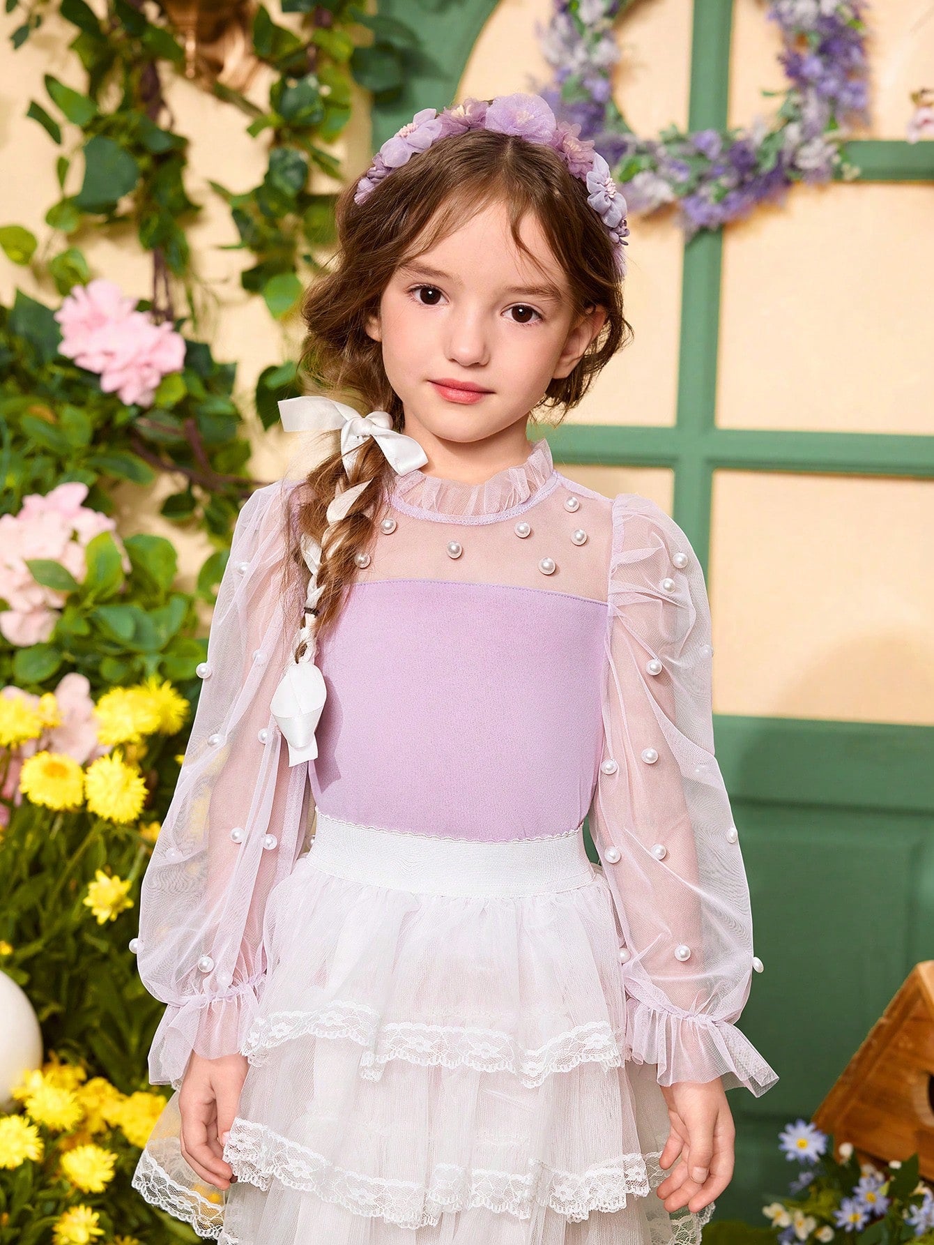 Young Girl Casual Pearl Decorated Stand Collar Blouse With See-Through Flare Sleeves