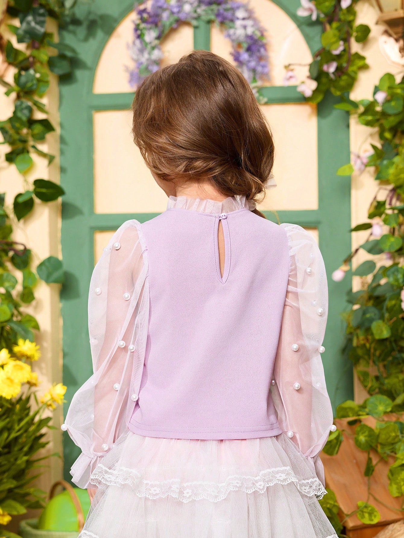Young Girl Casual Pearl Decorated Stand Collar Blouse With See-Through Flare Sleeves
