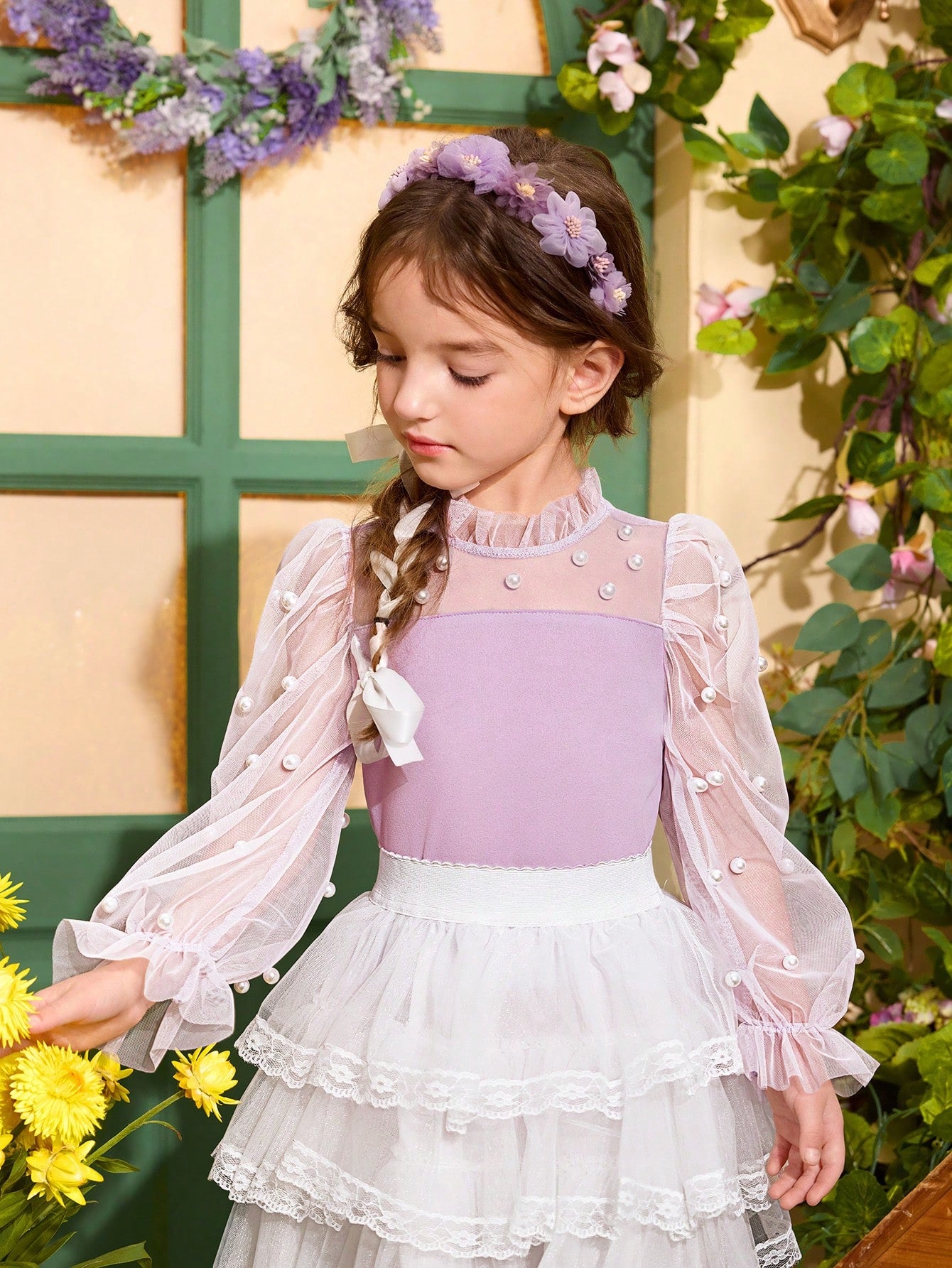 Young Girl Casual Pearl Decorated Stand Collar Blouse With See-Through Flare Sleeves Purple