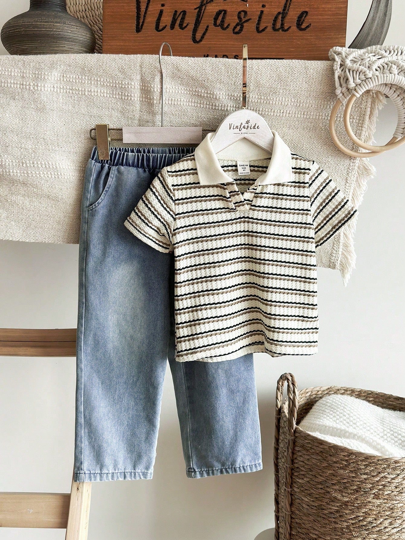 Young Boy Casual Striped Lapel Short Sleeve Top And Denim Long Pants