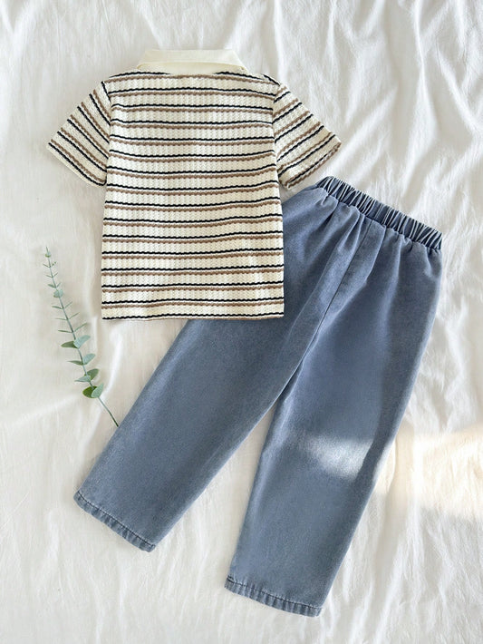 Young Boy Casual Striped Lapel Short Sleeve Top And Denim Long Pants