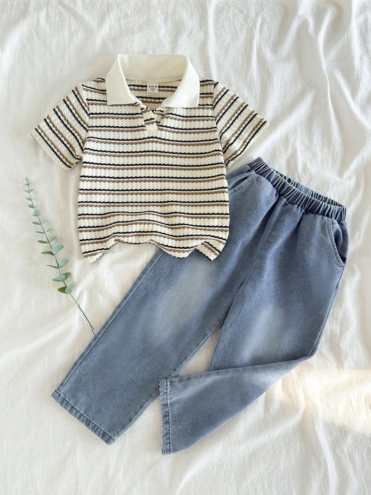 Young Boy Casual Striped Lapel Short Sleeve Top And Denim Long Pants Multicolor