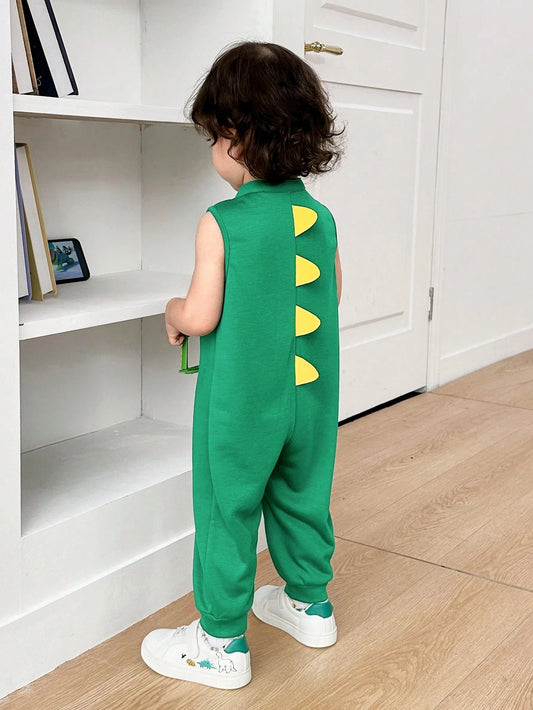 Baby Boy/Girl Green Colorblock 3D Dinosaur Animal Pattern Crew Neck Sleeveless Snap-Up Bodysuit & Pants Set