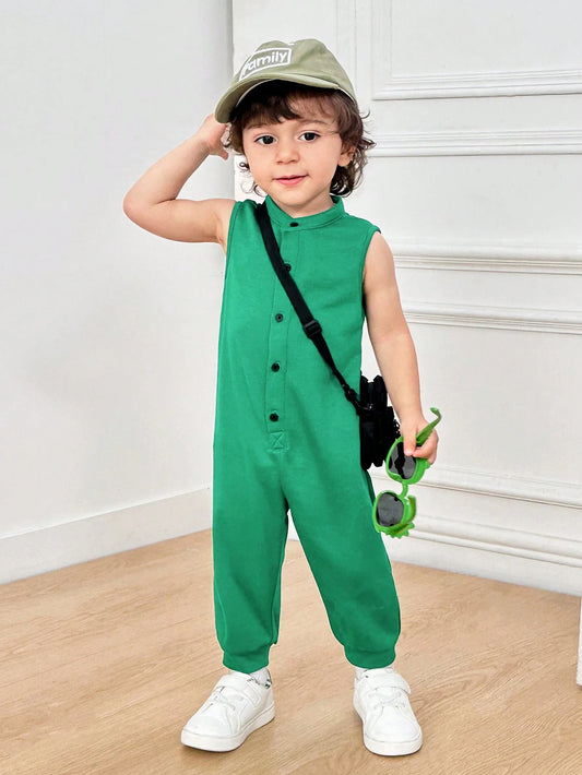Baby Boy/Girl Green Colorblock 3D Dinosaur Animal Pattern Crew Neck Sleeveless Snap-Up Bodysuit & Pants Set