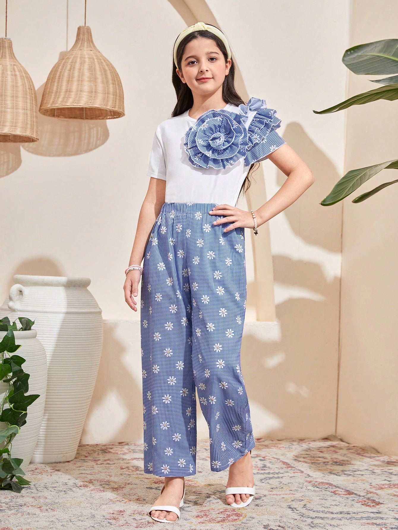 Daisy Plaid Print Ruffle Layered 3D Floral Decor Casual Top And Loose Wide Leg Pants Blue & White