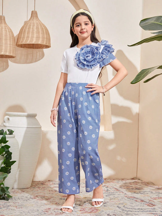 Daisy Plaid Print Ruffle Layered 3D Floral Decor Casual Top And Loose Wide Leg Pants Blue & White