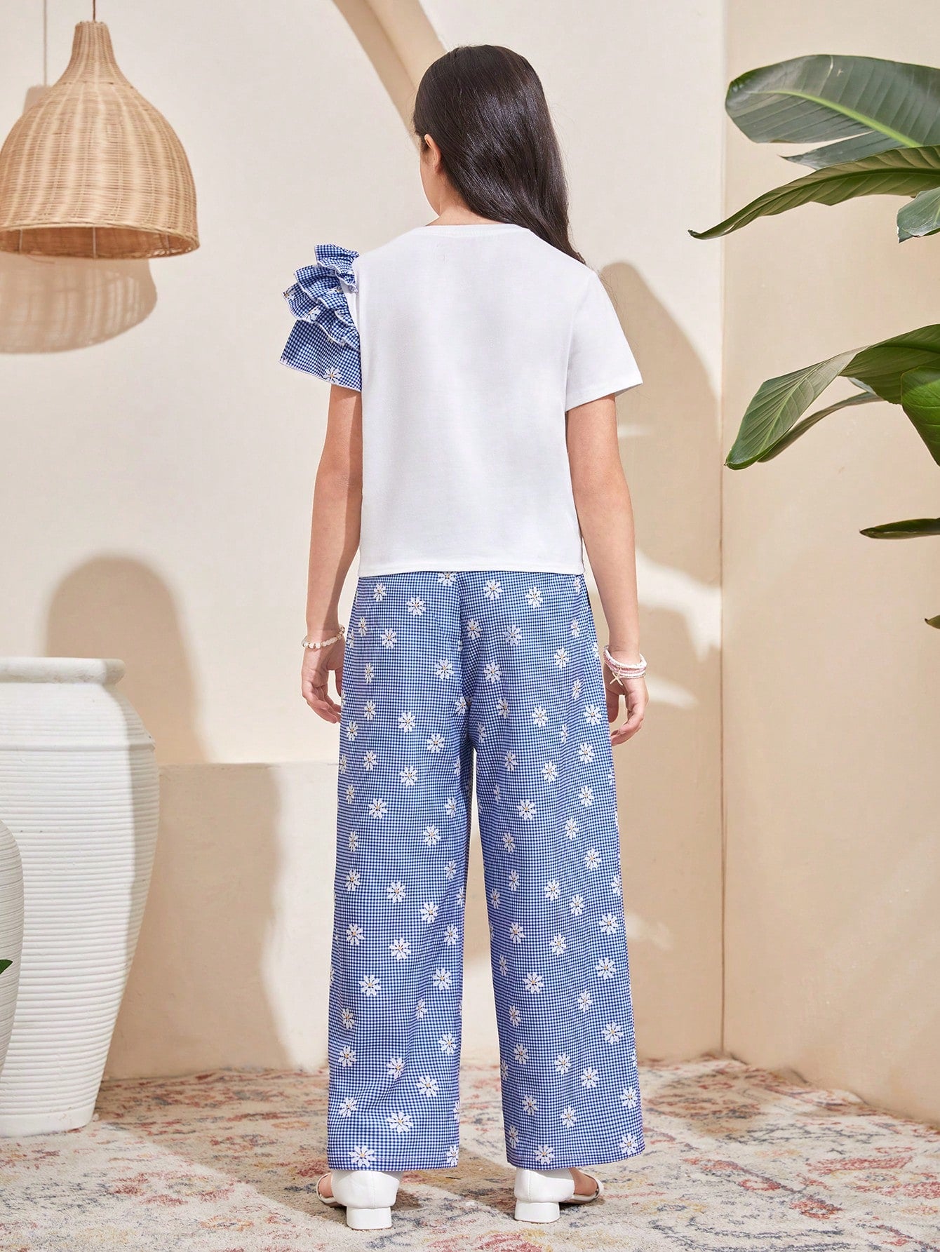Daisy Plaid Print Ruffle Layered 3D Floral Decor Casual Top And Loose Wide Leg Pants