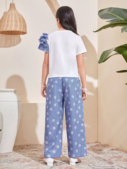 Daisy Plaid Print Ruffle Layered 3D Floral Decor Casual Top And Loose Wide Leg Pants