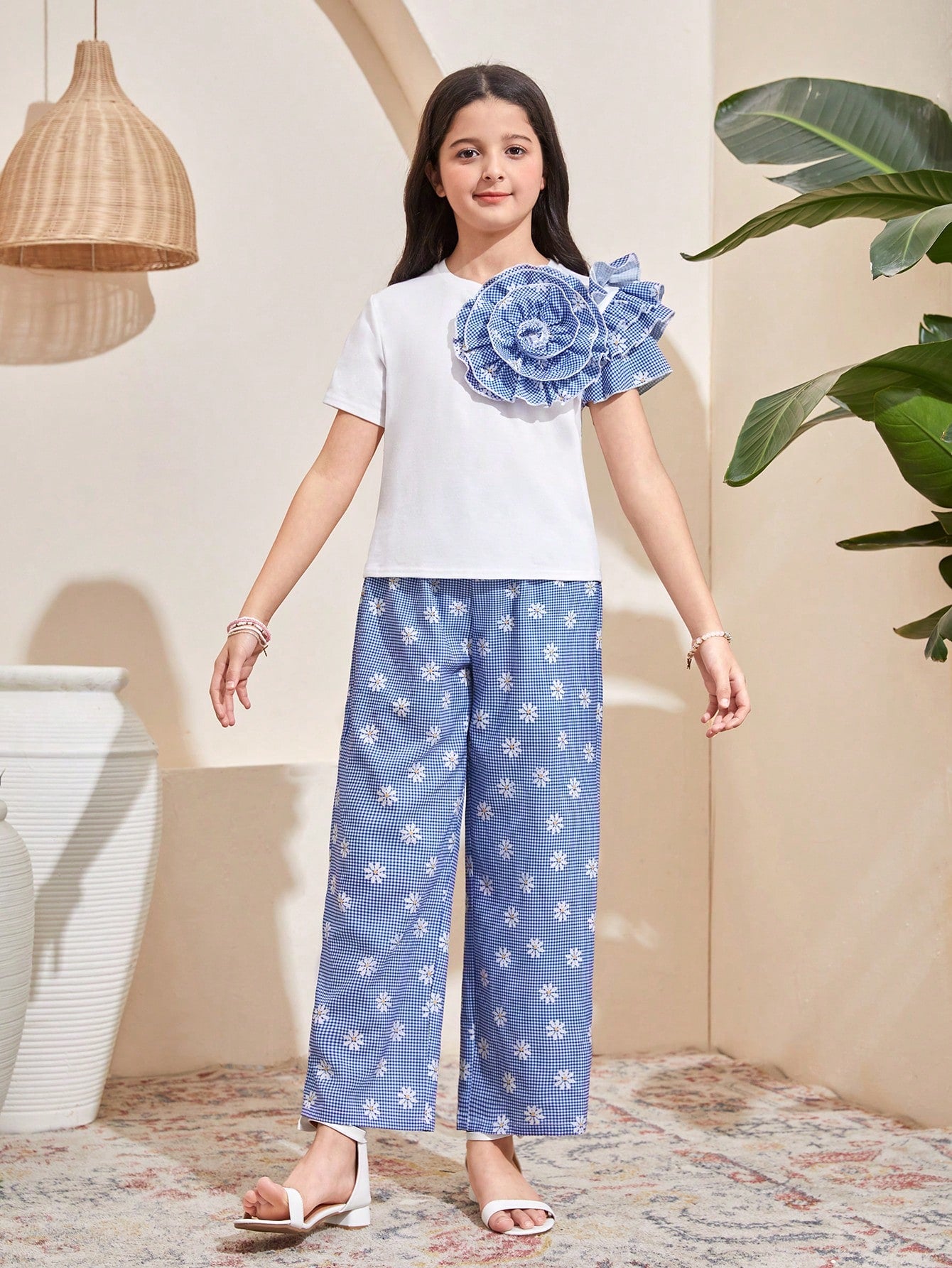 Daisy Plaid Print Ruffle Layered 3D Floral Decor Casual Top And Loose Wide Leg Pants