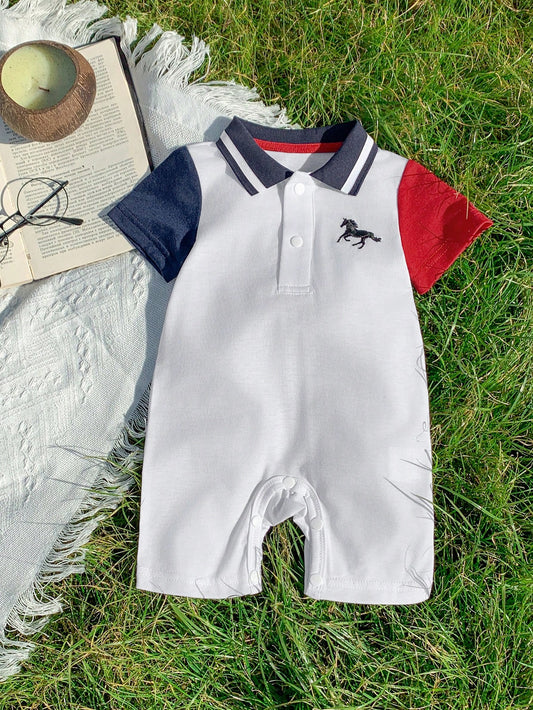Baby Boy Navy & Red Patchwork Romper With Standing Collar Multicolor