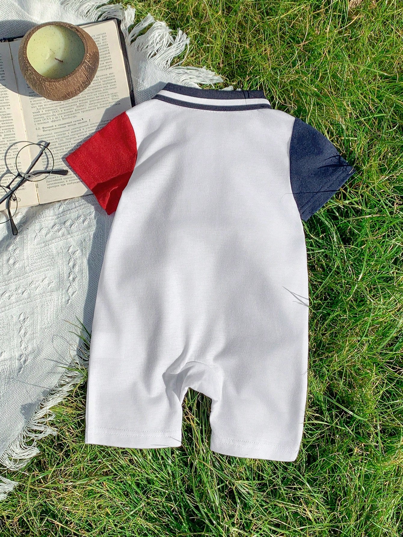 Baby Boy Navy & Red Patchwork Romper With Standing Collar