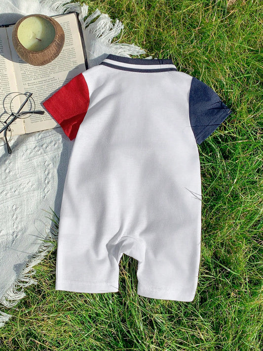 Baby Boy Navy & Red Patchwork Romper With Standing Collar