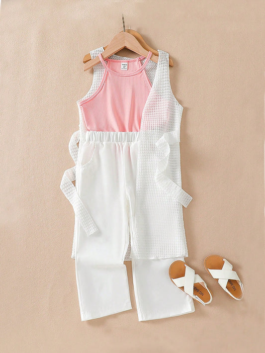 Hollow Out Knit Sleeveless Midlong Cardigan Vest Dress + Halter Short Tank Top + Casual Loose Straight Pants White