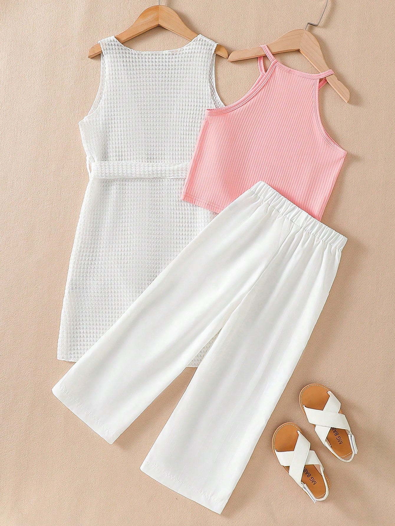 Hollow Out Knit Sleeveless Midlong Cardigan Vest Dress + Halter Short Tank Top + Casual Loose Straight Pants