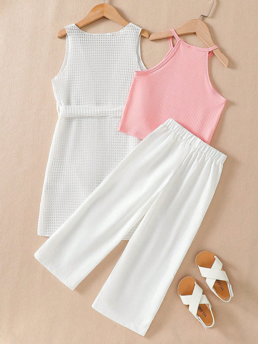Hollow Out Knit Sleeveless Midlong Cardigan Vest Dress + Halter Short Tank Top + Casual Loose Straight Pants