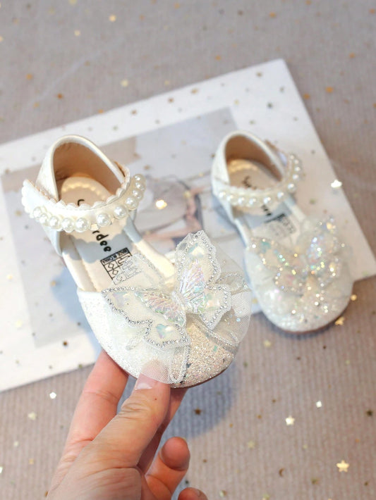 Girls' Glossy Butterfly Decor Comfortable Flat Outdoor Sandals Beige