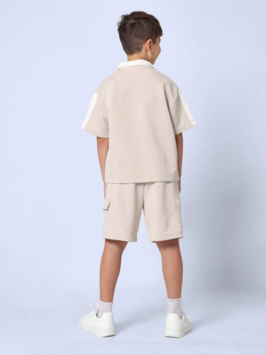Tween Boys Comfy Boxy Fit V-Neck Polo And Cargo Short With Drawstrings