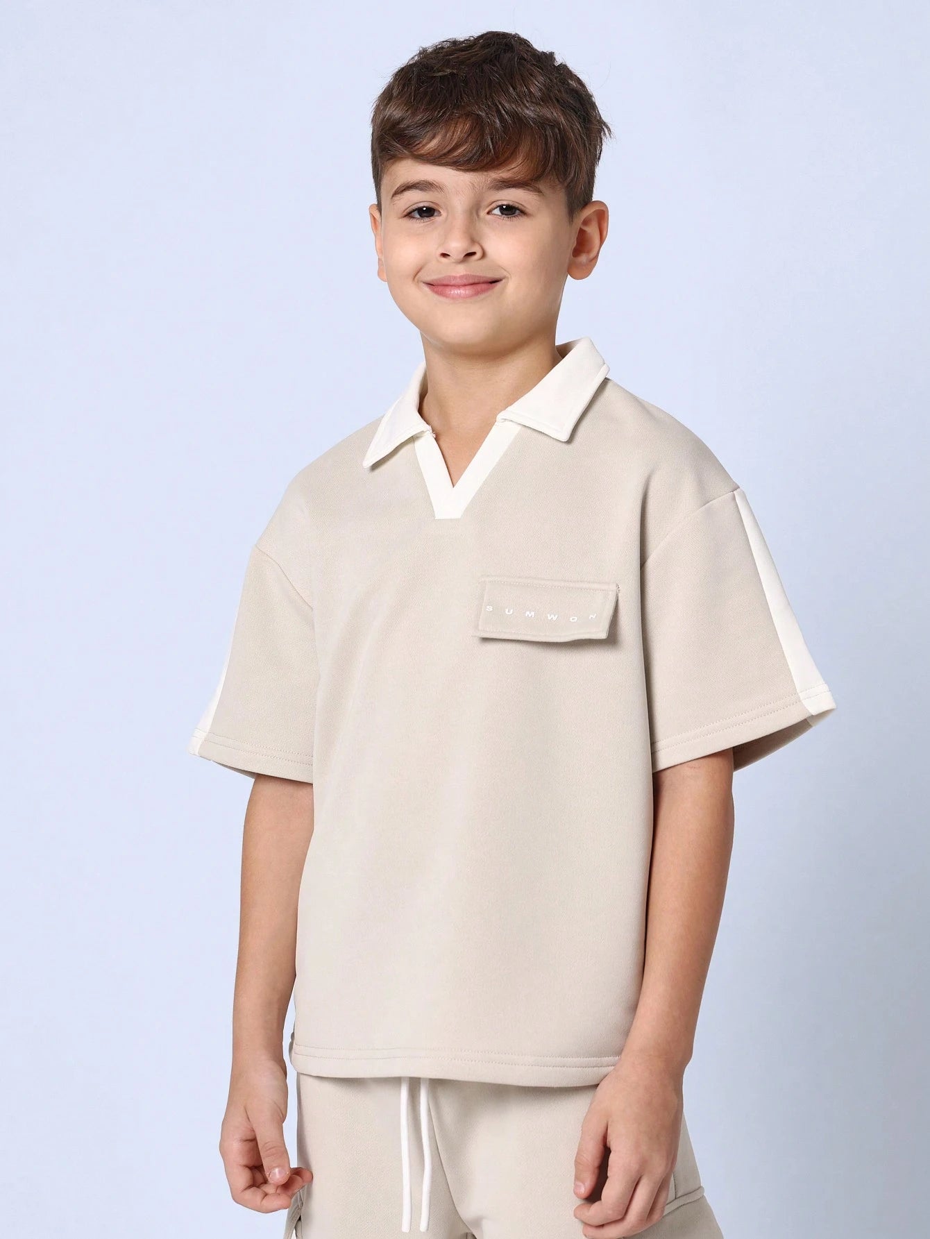 Tween Boys Comfy Boxy Fit V-Neck Polo And Cargo Short With Drawstrings