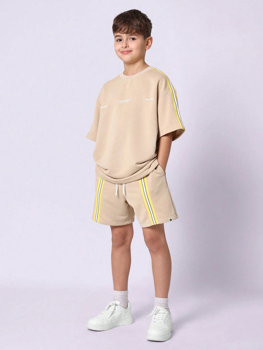 Tween Boys Comfy Oversized Fit Short Sleeve Tee And Short With Stripe Tape Khaki