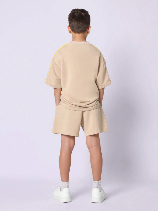 Tween Boys Comfy Oversized Fit Short Sleeve Tee And Short With Stripe Tape