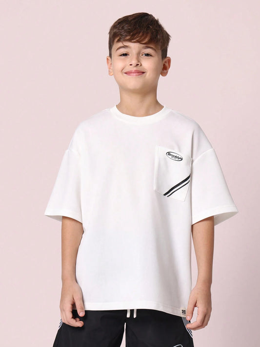 Tween Boys Comfy Oversized Fit Short Sleeve Stripe Pocket Tee White