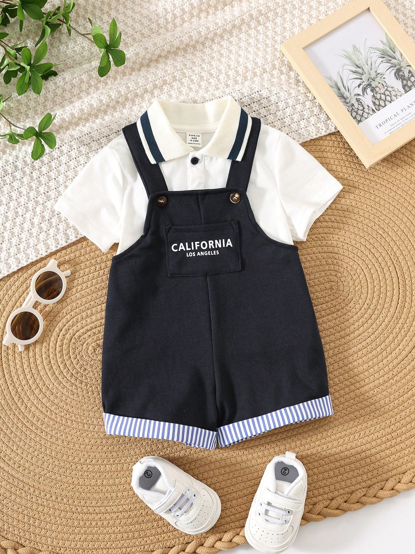 2pcs/Set Baby Boy Cute Casual Polo Shirt & Overall Shorts With Letter Print Set Multicolor