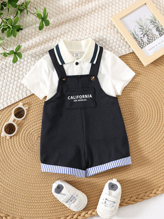 2pcs/Set Baby Boy Cute Casual Polo Shirt & Overall Shorts With Letter Print Set Multicolor