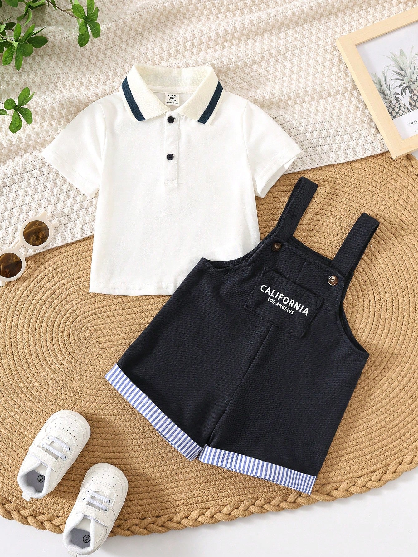 2pcs/Set Baby Boy Cute Casual Polo Shirt & Overall Shorts With Letter Print Set