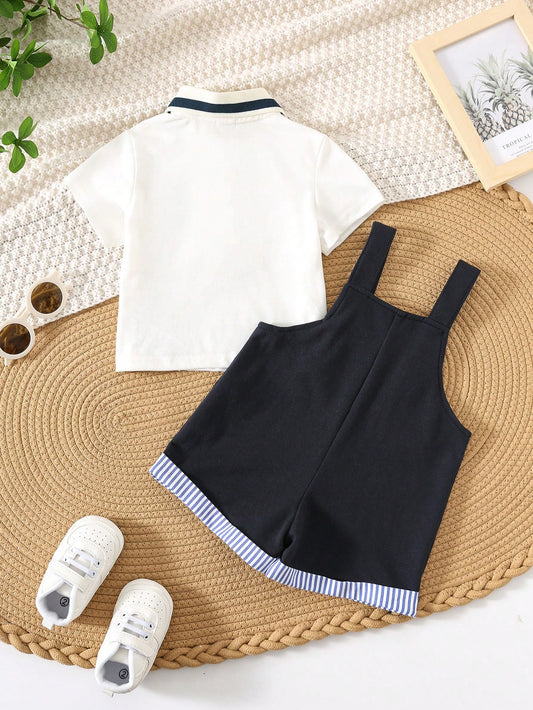 2pcs/Set Baby Boy Cute Casual Polo Shirt & Overall Shorts With Letter Print Set