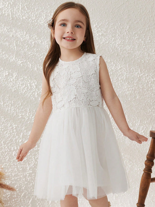 Young Girls' French Elegant White Lace Woven Loose Camisole Dress White