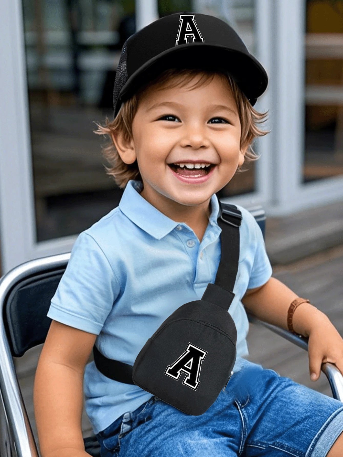 2pcs/Set Kids 26 Letters Printed Truck Driver Hat And Chest Bag Set Black