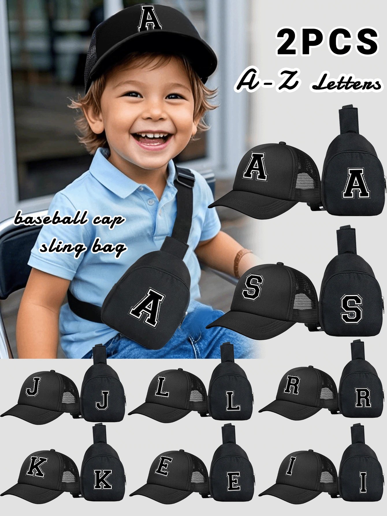 2pcs/Set Kids 26 Letters Printed Truck Driver Hat And Chest Bag Set