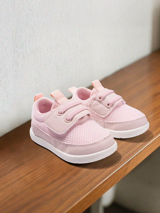 1 Pair Girl's Pink Mesh Hook And Loop Flat Casual Sporty Shoes Pink