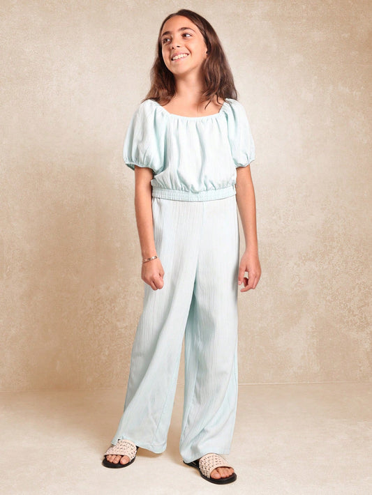Tween Girls Blue Crop Bardot Top And Straight Fit Pants Blue