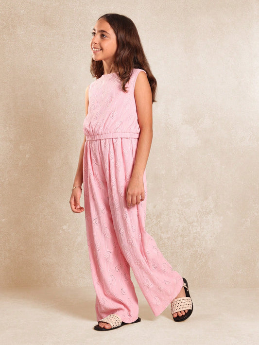 Tween Girls Crop Sleeveless Jersey Broderie Top And Straight Fit Pants Pink