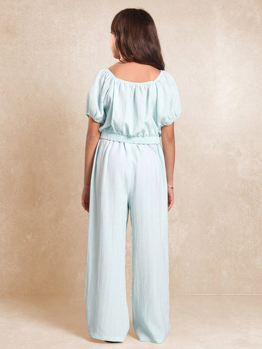 Tween Girls Blue Crop Bardot Top And Straight Fit Pants