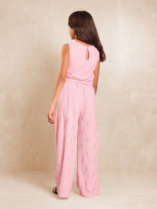 Tween Girls Crop Sleeveless Jersey Broderie Top And Straight Fit Pants