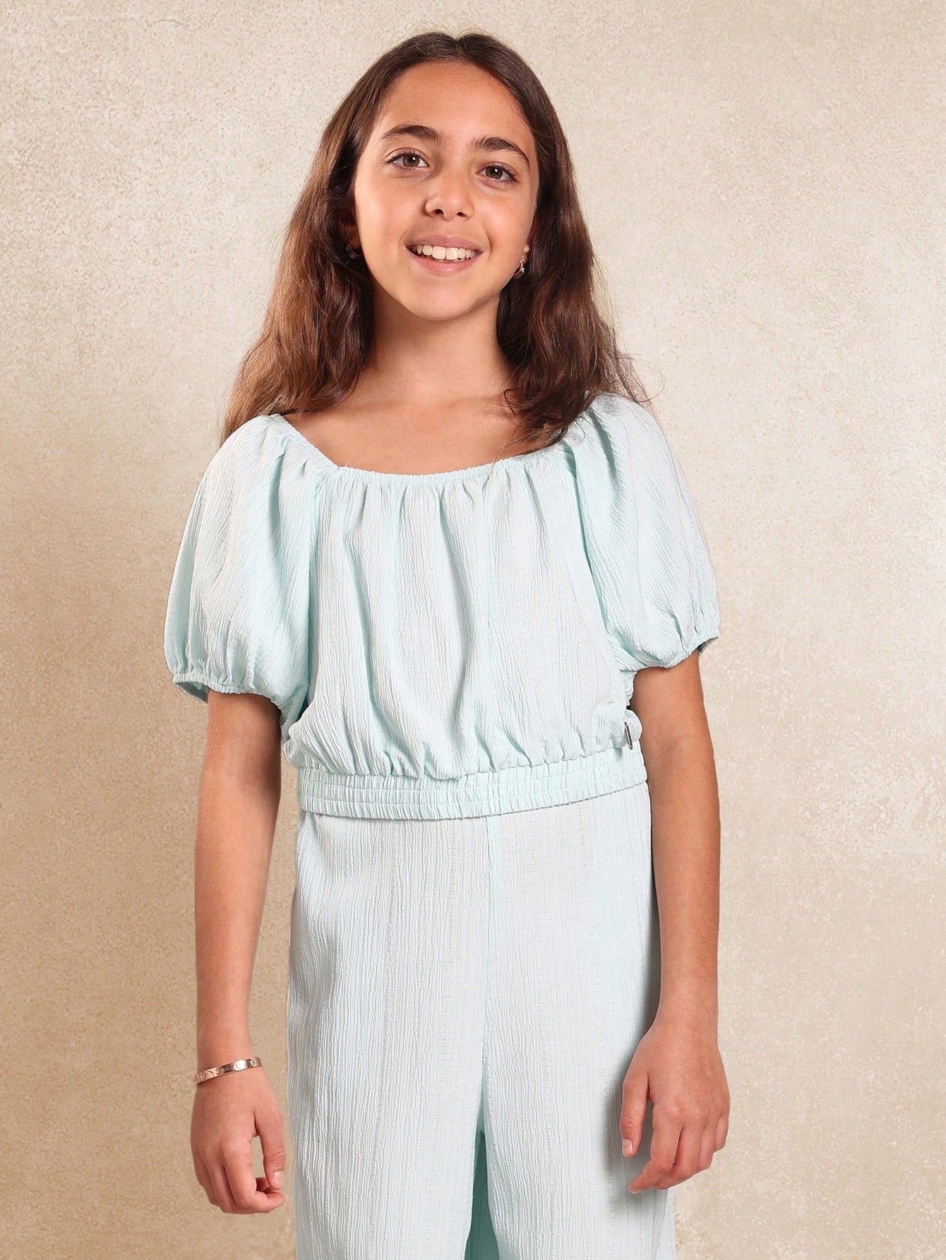 Tween Girls Blue Crop Bardot Top And Straight Fit Pants
