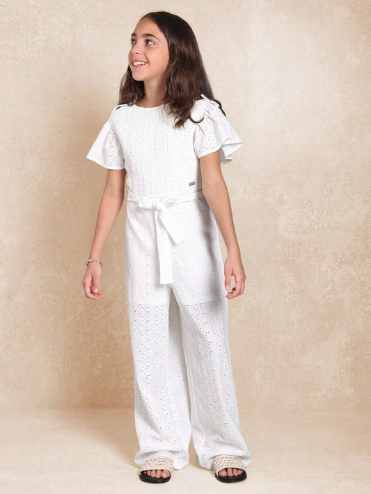Tween Girls Frill Sleeve Jersey Broderie Jumpsuit With Ribbon On White